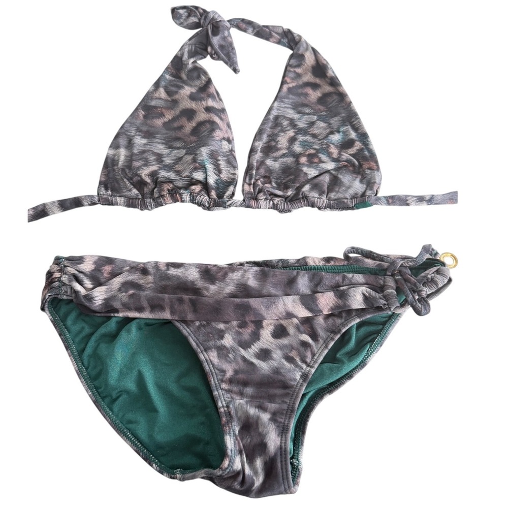 Despi Luxury Brazilian Bikini Bottom Grey Cheetah Animal Print Gold Rings L